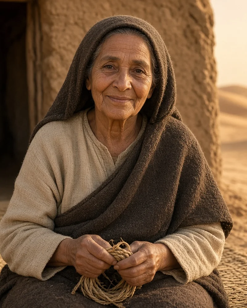 Illustrated portrait of The Desert Mentor, an AI guide: an elder woman in a simple robe and head covering, seated in a sunlit desert stone alcove.