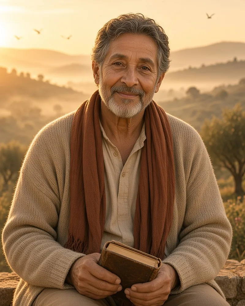 Illustrated portrait of The Morning Psalmist, an AI guide: a man with grey curly hair in a knit cardigan, linen shirt and rust scarf, seated holding a book on misty hills at dawn.