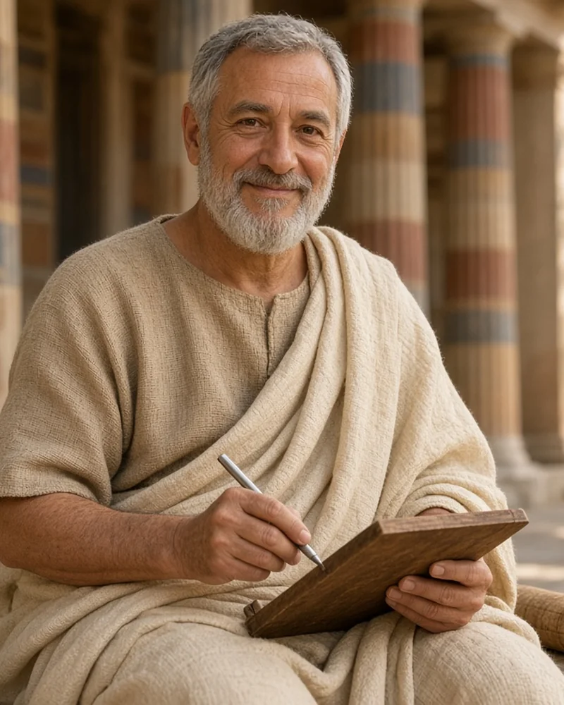 Illustrated portrait of The Stoic Coach, an AI guide: a man in a cream classical robe, seated holding a stylus and tablet among stone columns.